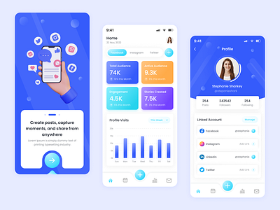 Social Media Management App analytic android app chart graph interface ios management media mobile app report social social media theme trending ui design ui kit uiux user interface web app
