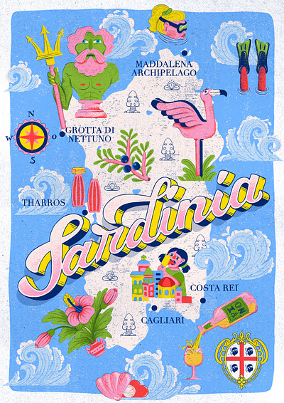 Illustrated map of Sardinia - adobe photoshop character design color combination colorful cute character design editorial design female illustrator fun illustration graphic design handmade type illustrated map illustration illustrative lettering lettering lettering artist map photoshop procreate type typography