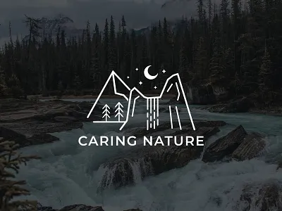 Caring Nature Mountain waterfall logo design. adventure logo awesome logo creative logo hiking logo line art logo minimalist logo modern logo mountain logo nature logo outdoor logo tourism logo travel logo waterfall logo