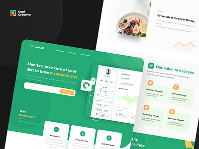 Ourhealth - Landingpage & Dashboard Website UI design app calorie capi creative dashboard design diet healthcare healthtracking healthydiet kcal landingpage low calories tablet ui ui design ui kit uxdesign uxui weight loss