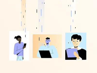 Happy customers character computer data device flat hustle illustration laptop minimal remote team