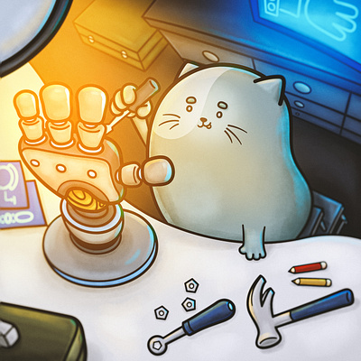 Macak NFT Project - Robot Hand Illustration for X/Twitter ai animation atelier cat character design clean concept art crypto currency cute dribbble hammer illustration nft robot hand tools twitter x