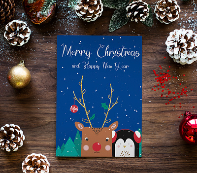 Merry Christmas card deer flat graphic design merry christmas new year new year card penguin vector