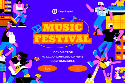 Purple Flat Music Festival Activity Illustration dance festival flat indie landing page metal music music activity music festival pop purple rock