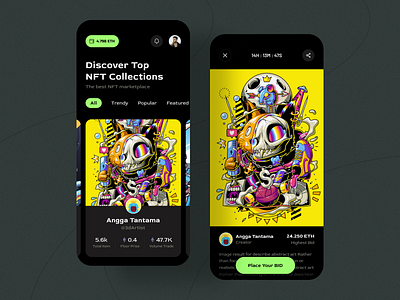 NFT Marketplace - Mobile app app app design awe blockchain crypto cryptocurrency illustration ios marketplace mobile mobile app mobile app design mobile design mobile ui mockup nft nft marketplace nft store ui ux