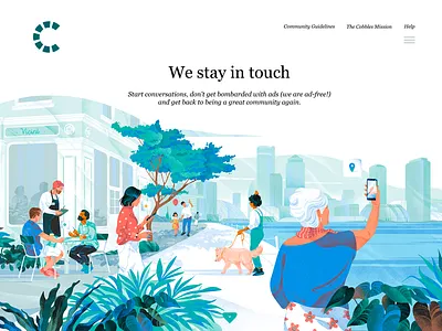The illustration for the wonderful Cobbles project character city community design dog download freebies header header illustration hero illustration internet ios logo noise phone team ui web wifi