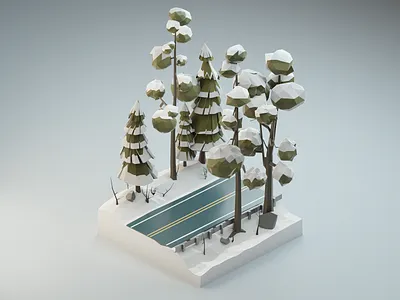Winter Road 3d 3d illustration 3dillustration 3dmodeling blender3d diorama illustration isometric landscape low poly lowpoly lowpolyart renders winter