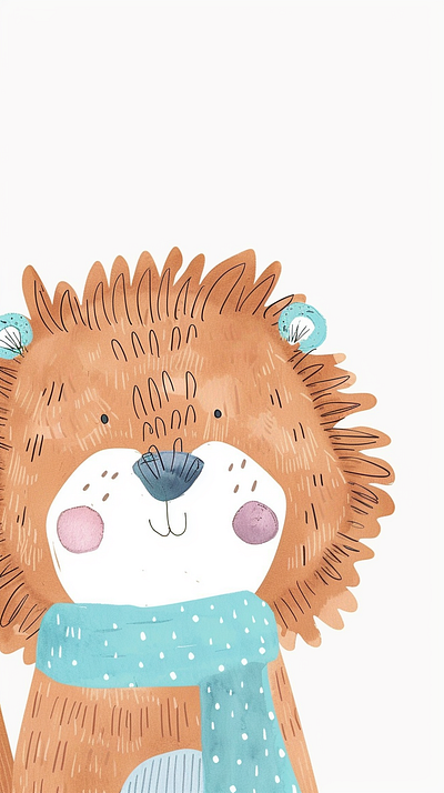 Little cute Leo adorable big head bright eyes cartoon style chibi child friendly cozy vibes cuddly cute paws fluffy mane friendly illustration kawaii lion cub mini lion playful round face soft colors sweet expression whimsical