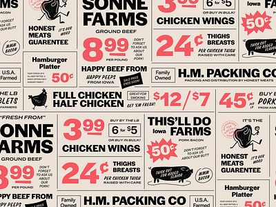 Honest Meats: Butcher Paper animals branding butcher design farm grocery store illustration packaging retro type typography vector