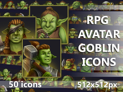 50 RPG Avatar Goblin Icons 2d art asset assets avatar avatars fantasy game game assets gamedev goblin goblins icon icone icons indie indie game mmorpg rpg set