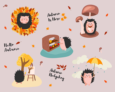 Autumn set with a cute little hedgehog. animal art autumn character cute design fall flat design hedgehog illustration leaves stickers wild wood