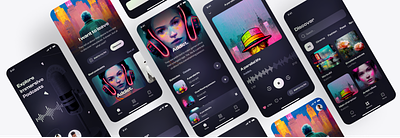 🎧 Creating a podcast app - #43 Cacatoès Theory Challenge application branding color design discover home ia midjourney mobile neon player podcast podcasts product smooth ui usecase ux