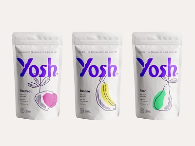 Yosh Pouches food fruit health illustration logo logotype packaging pouch prebiotics probiotics supplement taste vegetables wordmark yogurt