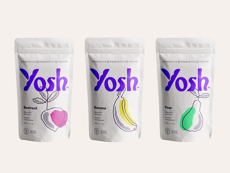 Yosh Pouches food fruit health illustration logo logotype packaging pouch prebiotics probiotics supplement taste vegetables wordmark yogurt