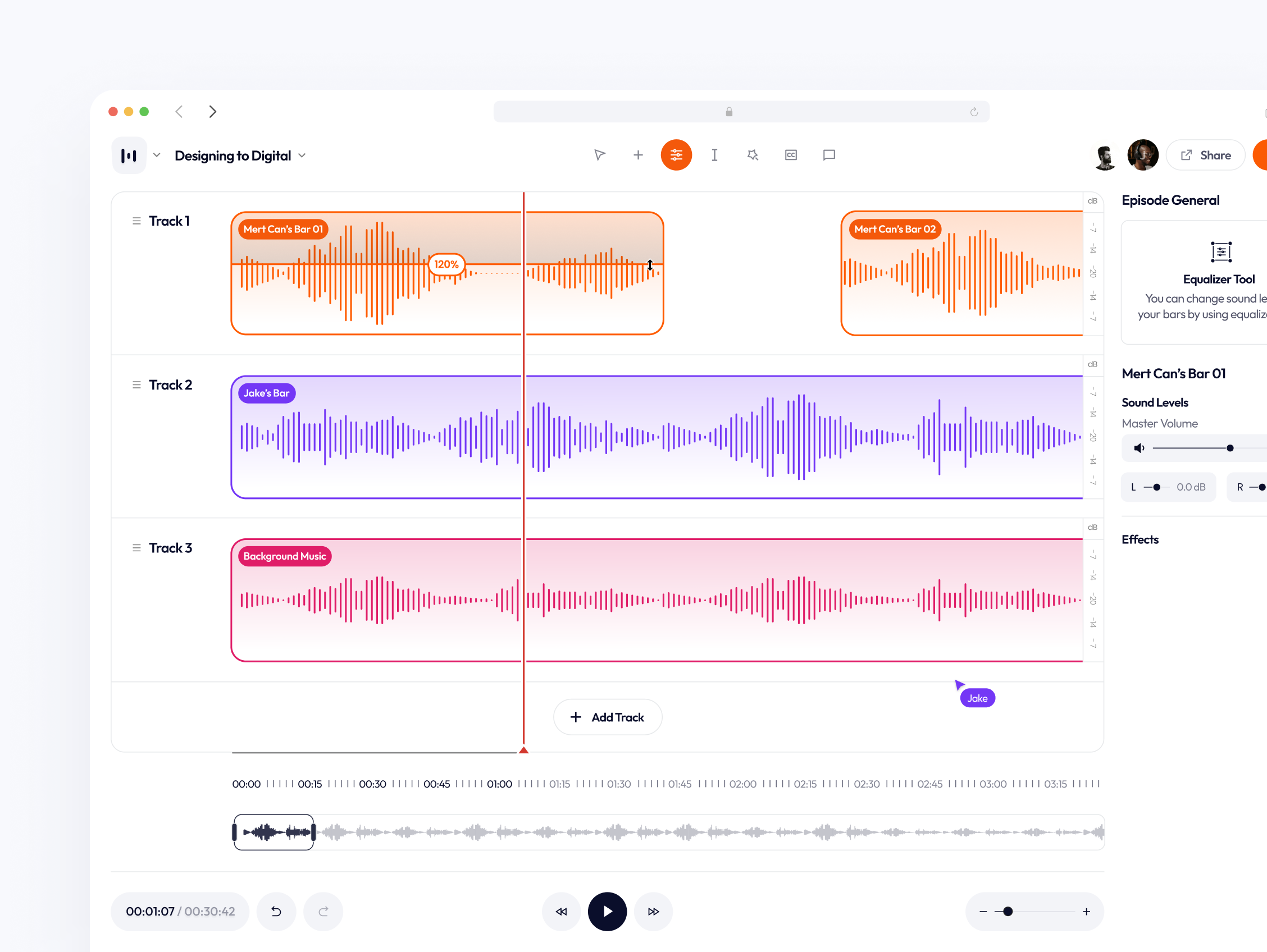 Podcast Editor - Equalizer Tool audio audio editor bar card dashboard design digital edit editor equalizer interface panel player selection settings sidebar tool ui ux voice