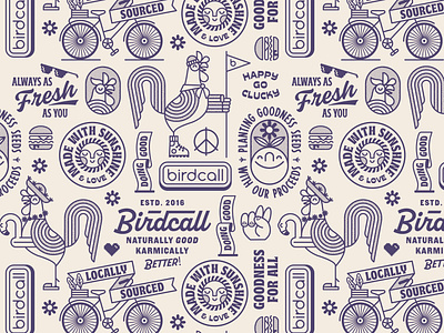 Birdcall Lifestyle Pattern 70s 80s 8bit badges bicycle branding chicken lockups logo pattern peace restaurant retro sun sunglasses tiki vegetables