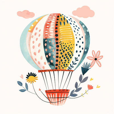 Hot ballon balloon basket breeze cartoon style charming child friendly clouds colorful dreamy fantasy floating freedom hot air balloon peaceful playful scenic view sky adventure soft pastel sunrise travel whimsical