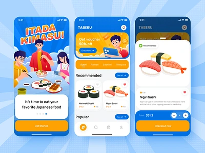 🍣Taberu - Japanese Food App blue branding design figma food foodapp fun graphic design illustration japan minimalist ramen sushi ui ux vector