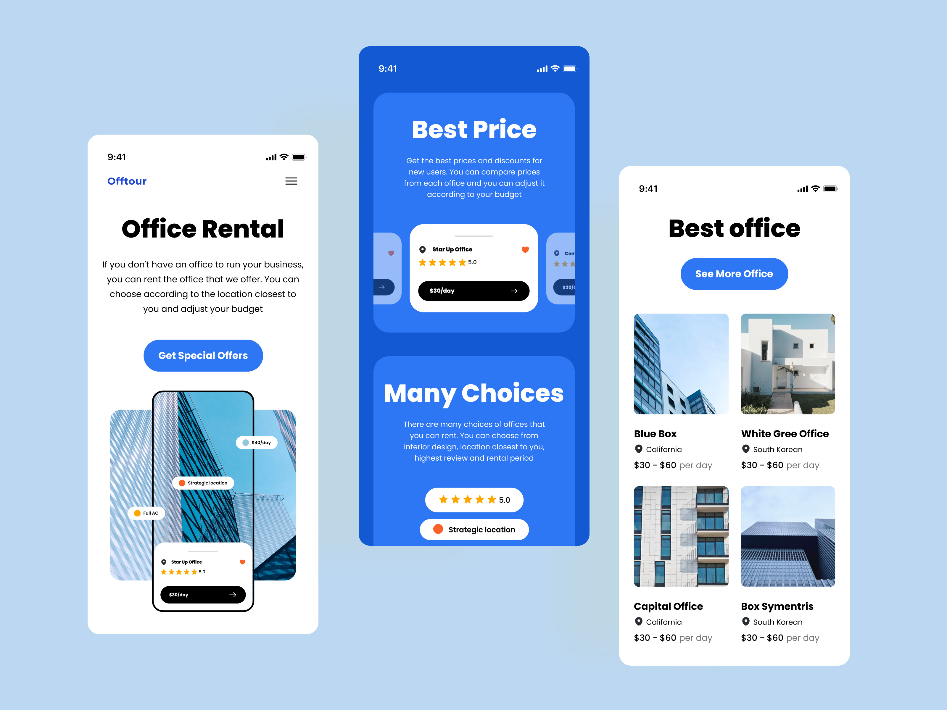 Offtour - Mobile Office Rental | Sunnyday 🌞 app apps architect architectural architecture architecture design art clean design graphic design landing page minimal mobile mobile design office property real estate ui ux website