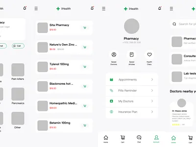 iHealth: A Free Health & Pharmacy App UI Kit android app code css design devs freebie handoff ios javascript mobile product project prototype tablet ui ux web website wireframe