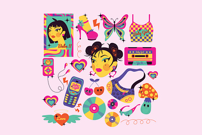 Pink Flat Design Y2K Illustration butterfly cassette handphone headset heels landing page mushroom pink y2k y2k style