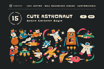 Blue Retro Cartoon Style Cute Astronaut Illustration astronaut black cartoon graphicook graphicook studio landing page retro retro style