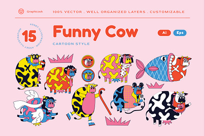 Pink Retro Cartoon Style Funny Cow Illustration animal cow funny cow landing page pink retro