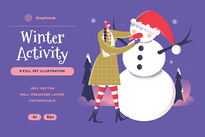 Purple Flat Winter Activity Illustration christmas christmas eve graphicook graphicook studio landing page merry christmas santa snow snowman winter