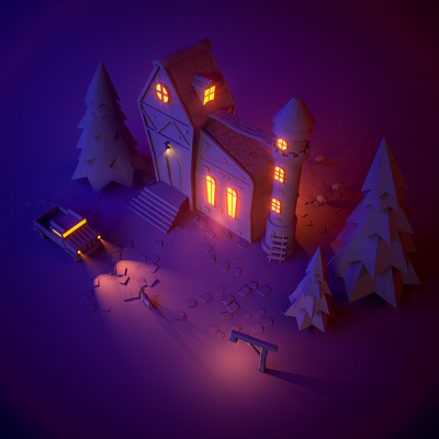 Spooky house 3d cinema cinema4d design illustration lowpoly material modelling redshift render