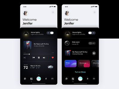 Smart home dashboard UI ai cards control home layout menu motion music player profile search sleep smart home sound temperature toolbar ui voice welcome