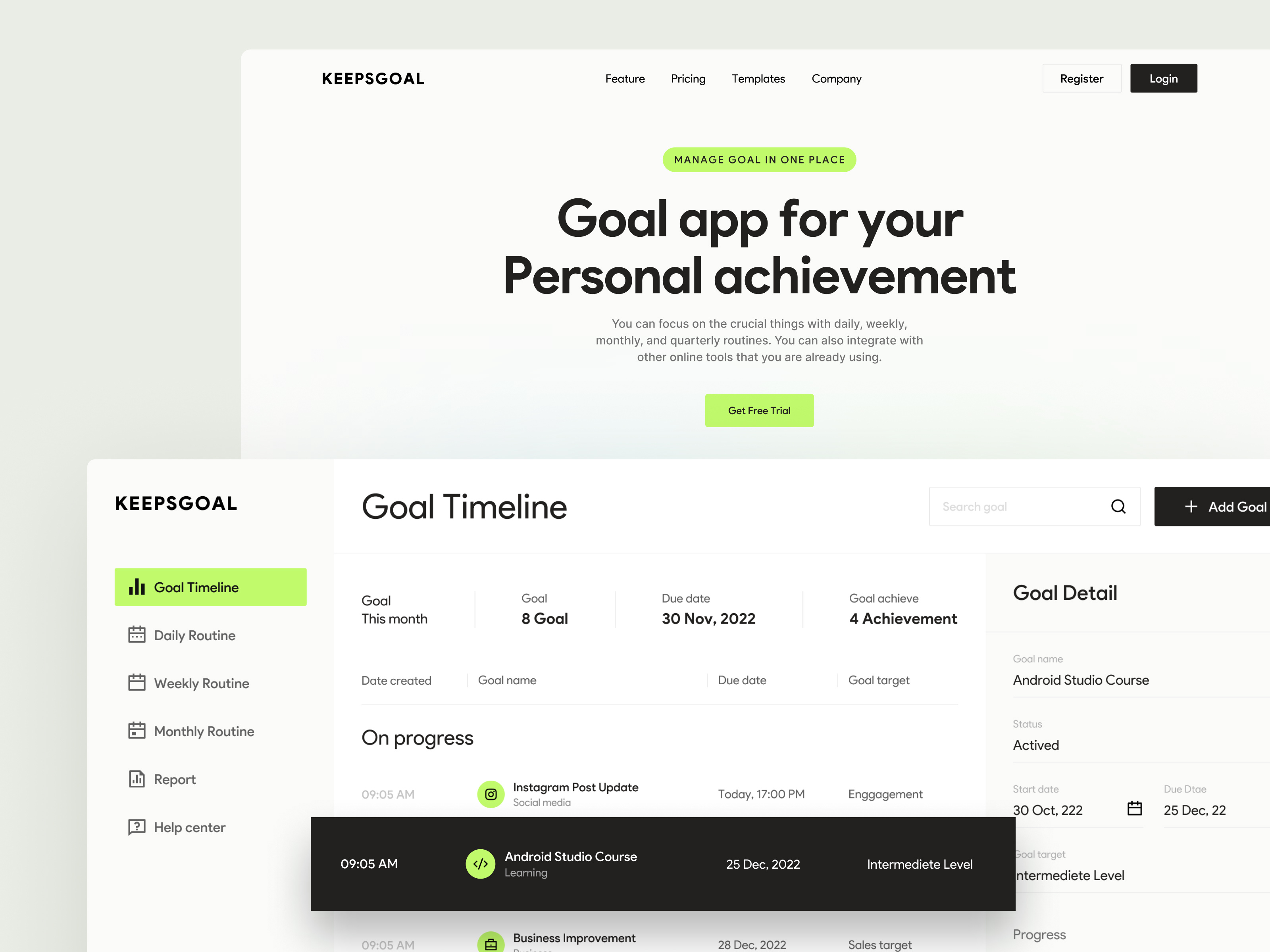 Personal Goal Tracker - Website dashboard design goal green landing page personal tracker ui user interface ux web design webdesign website