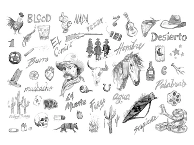 Wild West art black and white illustration lettering monotone mural old west painting rooster sheriff skull snake somekidstudio type watercolor western wild west