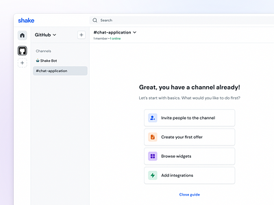 Shake - Channel Guide chat communication guide messages messaging messenger onboarding saas onboarding ui onboarding web product design saas ui ux web app widgets