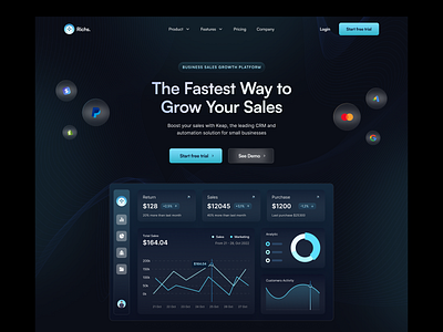 Sales Management Tool - Landing Page analytic business clean crm dark mode design landing page management marketing minimal modern saas sales sales management tools ui design uiux web website whitespace