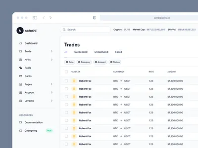 Crypto and Trades List - Made by Webpixels components crypto dashboard datatable filters list menu modern ui nav navigation sidebar table trades trading ui user interface web app web design