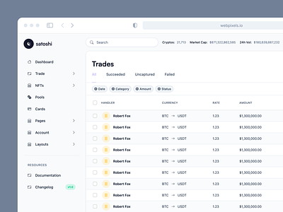 Crypto and Trades List - Made by Webpixels components crypto dashboard datatable filters list menu modern ui nav navigation sidebar table trades trading ui user interface web app web design