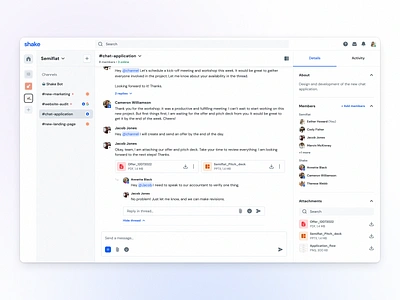 Shake - Channel Page attachments channel chat clean communication deals interface management messages messaging product design saas chat saas product design saas web app ui ux