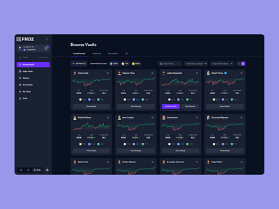 FNDZ - Browse Vaults Dashboard blockchain clean copy copy trading crypto cryptocurrencies dark theme ui dashboard defi design earning finance stake trading ui user interface ux wallet web web3