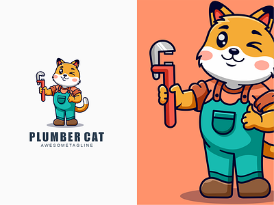 plumber cat character mascot cat character cute design graphic design illustration logo mascot plumber