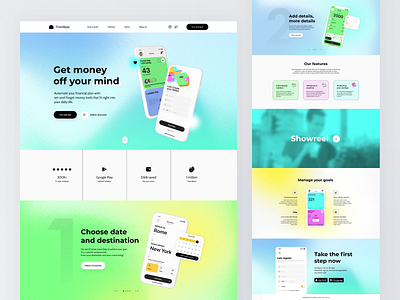 Mobile app landing page app blue bright clean color desktop goal gradient green interface landing page mobey saving travel ui ux wallet web yellow