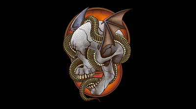 DeadBat (For Sale) artwork bat darkart dotwork drawing graphic design illustration lowbrow macabre occult pointillism skull skull art snake stippling