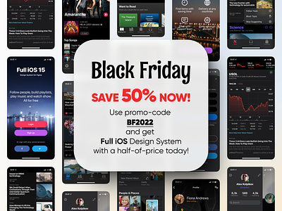 Full iOS Design System for Figma with 50% Discount! 50 dark design discount figma friday full ios ios15 light save system ui ux