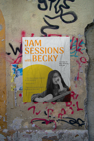 Jam Sessions with Becky! branding colors community creativity design graphicdesign guitar jam minimal mockup music musician photoshop poster street wall