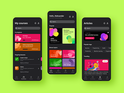 Online courses app 3d app appdesign concept courses darkmode darktheme learning onlinecourses onlineplatform platform studying trending webdesign