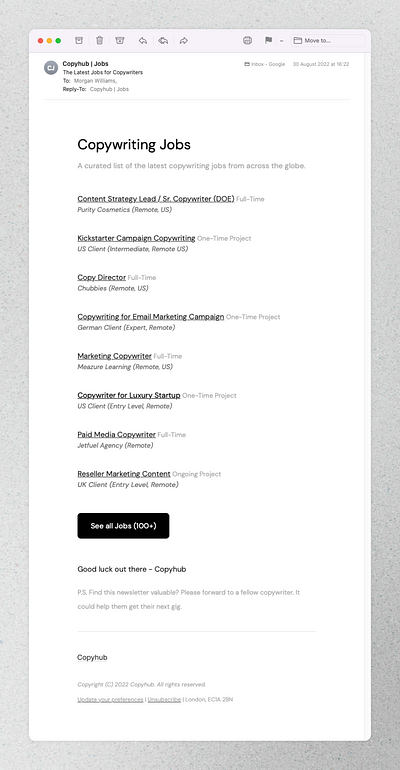 Copyhub - Copywriting Jobs Board Email copy copywriting design email email list job board job list newsletter