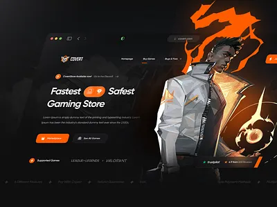 Gaming Store Hero Header Design dark theme dark ui design epin gaming gaming shop landing page league of legends league of legends script lolscript online gaming saas gaming saas landing page twitch uidesign valorant valorant aimbot valorant script video game video game shop