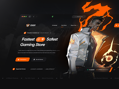 Gaming Store Hero Header Design dark theme dark ui design epin gaming gaming shop landing page league of legends league of legends script lolscript online gaming saas gaming saas landing page twitch uidesign valorant valorant aimbot valorant script video game video game shop