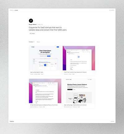 Copyhub - Copywriting Portfolio Web App copywriting design portfolio profile saas software ui web app web application work
