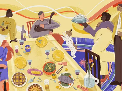 Thanksgiving dinner 2d characterdesign concept digital illustration dinner dinner night family food friends friendship happiness illustration pets procreateapp pumpkin pie quality time thanksgiving warmth