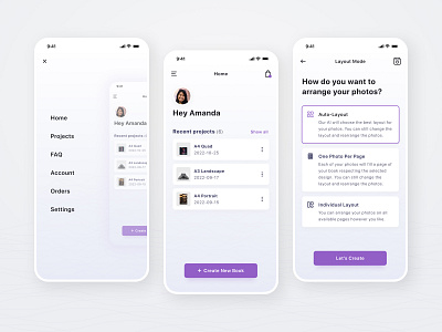 Photobook App - More Screens android app cards case study concept editor figma home ios iphone jakob treml light menu mobile photobook simple ui user interface ux